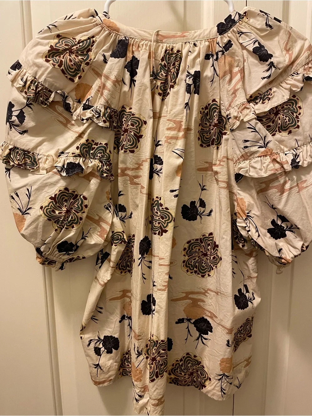 Ulla Johnson Cream Floral Ruffle Sleeve Peasant Top